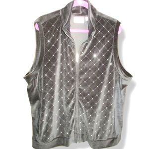 Quacker Factory Velour Vest w/Rhinestud semi-fitted zip front mock neckline 3X